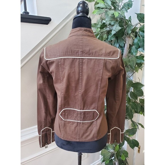 Women's Brown Canvas 100% Cotton White Edging Trims Full Zip Jacket Size Medium - Picture 7 of 14